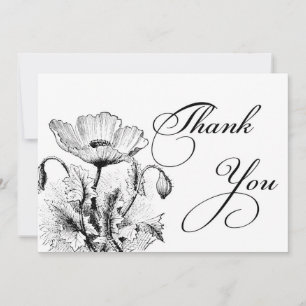 Tarjeta de agradecimiento de flores en blanco y ne