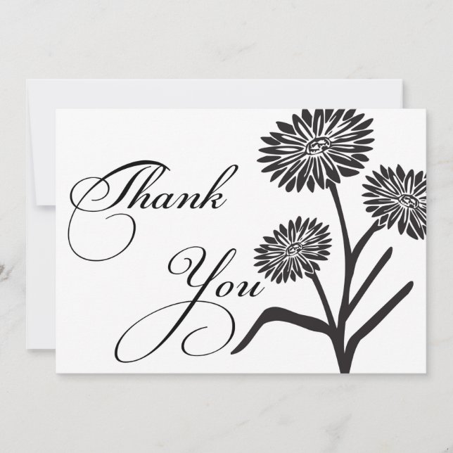 Tarjeta de agradecimiento de flores en blanco y ne (Anverso)