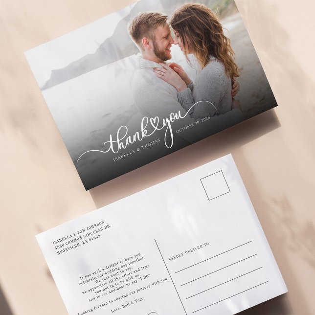 Tarjeta de agradecimiento de foto con letra manusc (Wedding Couples Photo Thanks You Script Postcard)