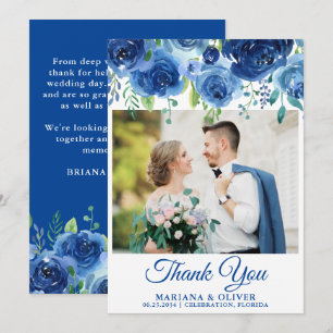 Tarjeta de agradecimiento de foto de boda azul mar