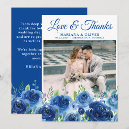 Tarjeta de agradecimiento de foto de boda azul mar