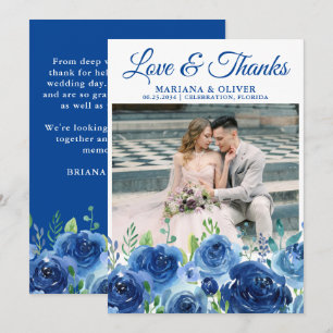 Tarjeta de agradecimiento de foto de boda azul mar