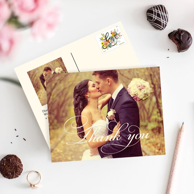 Tarjeta de agradecimiento de foto de boda con flor (Subido por el creador)