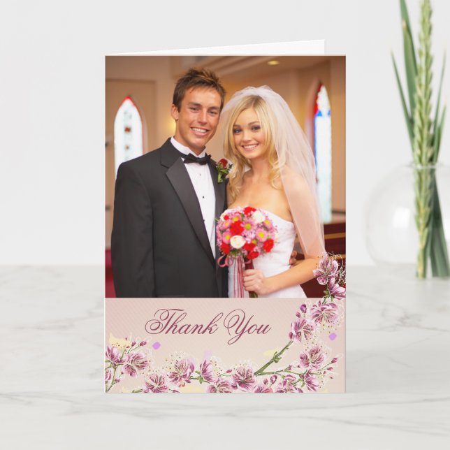 Tarjeta de agradecimiento de foto de boda con flor (Anverso)