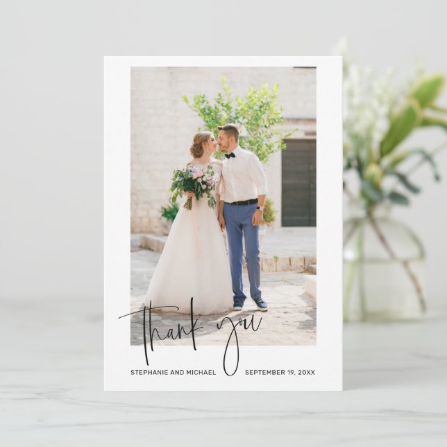 Tarjeta de agradecimiento de foto de boda con guió (Anverso de pie)