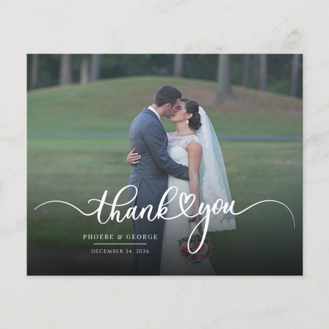 Tarjeta de agradecimiento de foto de boda con letr (Anverso)