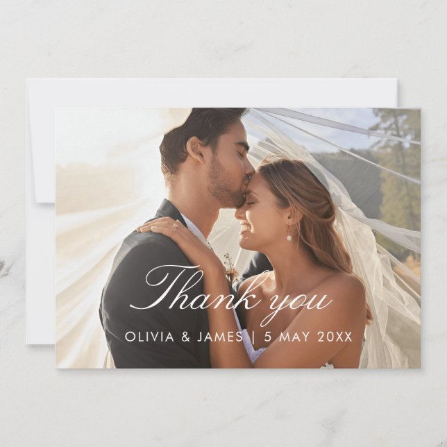 Tarjeta de agradecimiento de foto de boda con letr (Anverso)