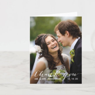 Tarjeta de agradecimiento de foto de boda con letr