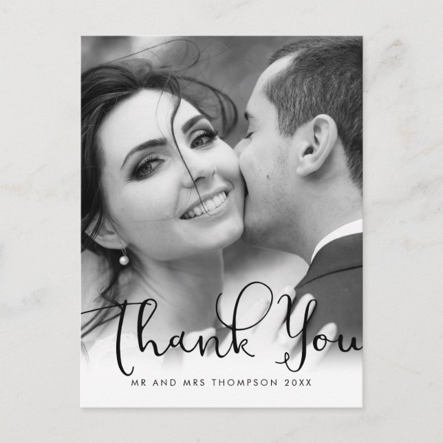 Tarjeta de agradecimiento de foto de boda con letr (Anverso)
