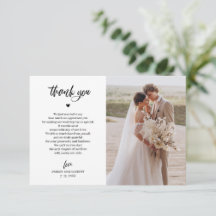 Tarjeta de agradecimiento de foto de boda con letr
