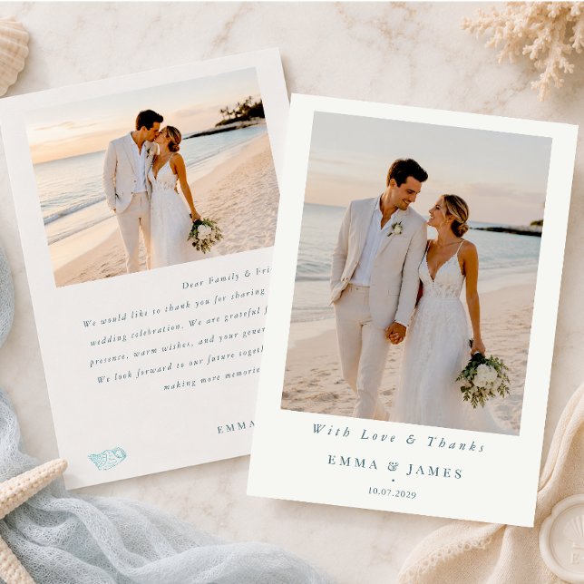 Tarjeta de agradecimiento de foto de boda costera  (Zazzle Nautical Coastal Wedding Photo Thank You Card (Back))