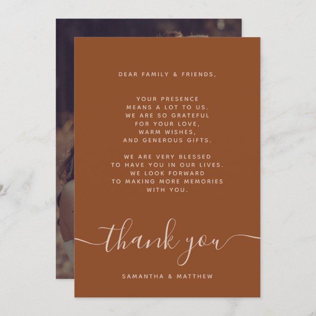 Tarjeta de agradecimiento de foto de boda de terra (Anverso / Reverso)