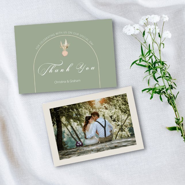 Tarjeta de agradecimiento de foto de boda en verde (Subido por el creador)