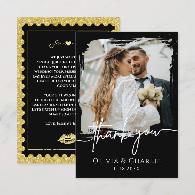 Tarjeta de agradecimiento de foto de boda negra (Anverso / Reverso)