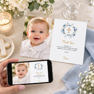 Tarjeta de agradecimiento de foto de florales azul