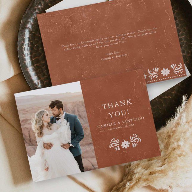 Tarjeta de agradecimiento de foto de terracota rús (Rustic Terracotta Wedding Photo Thank you card)