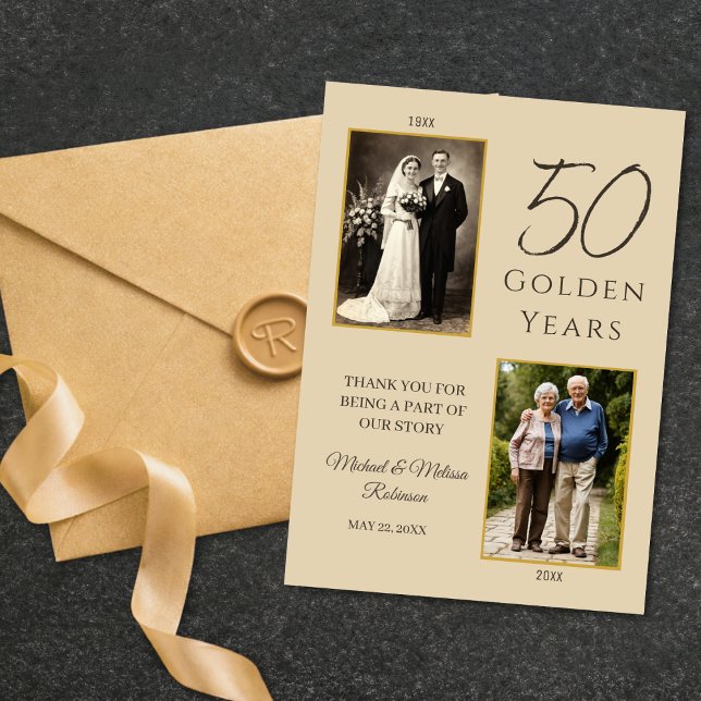 Tarjeta de agradecimiento de foto del aniversario  (Elegant ivory and gold 50th anniversary thank you card with photo timeline design.)