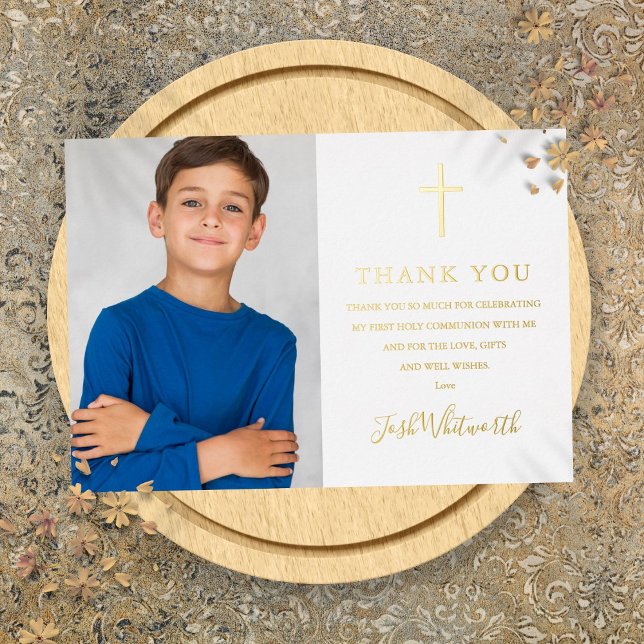 Tarjeta de agradecimiento de foto real de Primera  (First Communion Photo Real Foil Thank You Card)