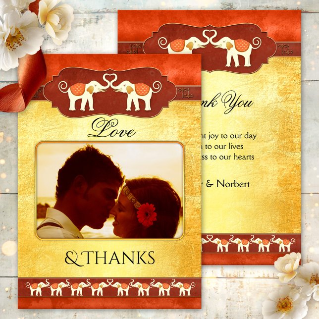 Tarjeta de agradecimiento de fotos de elefantes in (Wedding Thank You card featuring your own photo framed by a unique design with ivory elephants)