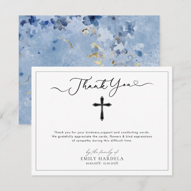 Tarjeta de agradecimiento de funeral con guión flo (Anverso / Reverso)
