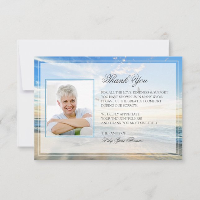 Tarjeta de agradecimiento de funeral de playa | Ta (Anverso)