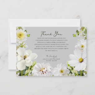 Tarjeta de agradecimiento de funeral floral blanca