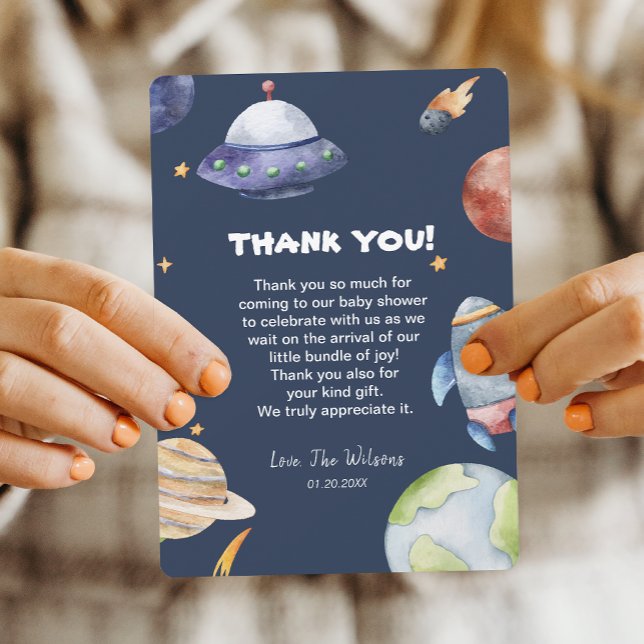 Tarjeta de agradecimiento de Galaxy Outer Space Bo (Galaxy Outer Space Boy Baby Shower Thank You Card)