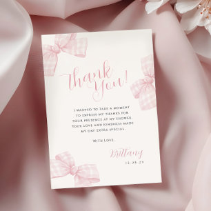 Tarjeta de agradecimiento de Gingham Pink Bow Baby