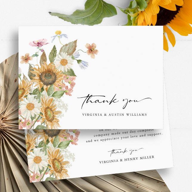 Tarjeta de agradecimiento de girasol (Boho Watercolor Sunflower Wildflowers Floral Wedding  Thank You Card by Painted Paperie
)
