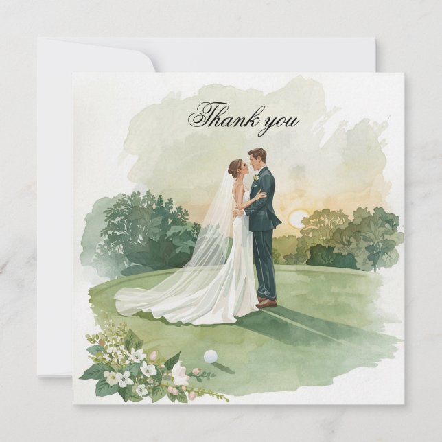 Tarjeta de agradecimiento de golf con novia y novi (Anverso)