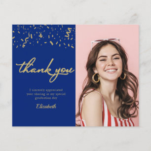 Tarjeta de agradecimiento de graduación dorada azu