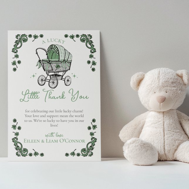 Tarjeta de agradecimiento de Green St Patricks Day (Cute Irish Baby Shower Thank You Card. Hand Drawn Vintage Baby Carriage Stroller and Green Clovers)