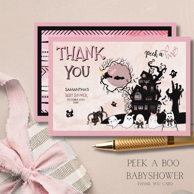 Tarjeta de agradecimiento de Halloween rosa - Cala (Pink Halloween Thank You Card - Pumpkin & Ghosts)
