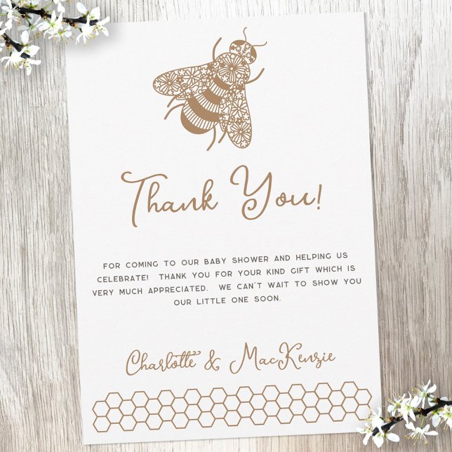 Tarjeta de agradecimiento de Honey Bee Baby Shower (Bee themed baby shower thank you card with custom text )