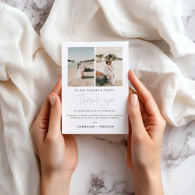 Tarjeta de agradecimiento de la foto de la boda de (Beach wedding thank you card with elegant script and personal photo collage.)