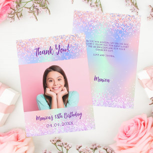 Tarjeta de agradecimiento de la foto rosa holográf