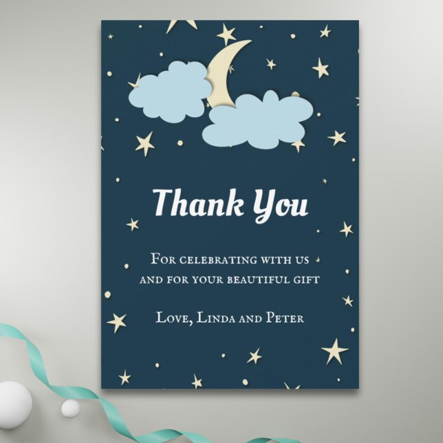Tarjeta de agradecimiento de la Luna Azul Medianoc (Midnight blue over the moon baby shower thank you card)