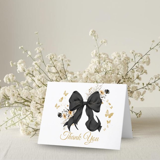 Tarjeta de agradecimiento de lazo coqueta negra el (Elegant Black Bow Wildflower thank you card)