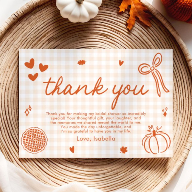 Tarjeta de agradecimiento de lazo dibujado a mano  (Fall Orange Gingham Hand Drawn Bow Thank you card)