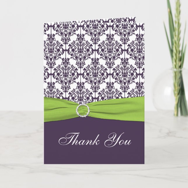 Tarjeta de agradecimiento de Lime y Purple Damask (Anverso)