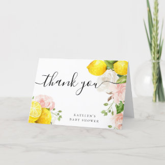 Tarjeta de agradecimiento de limón con flores rosa