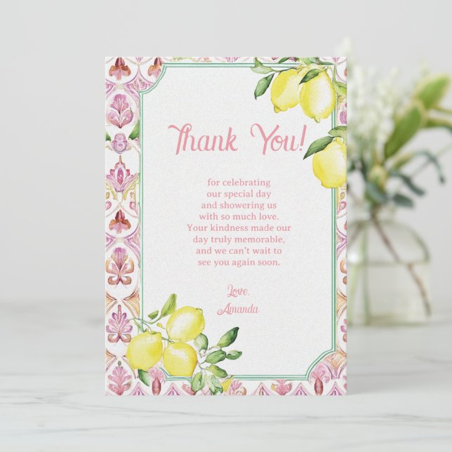 Tarjeta de agradecimiento de limón italiano rosa a (Anverso de pie)