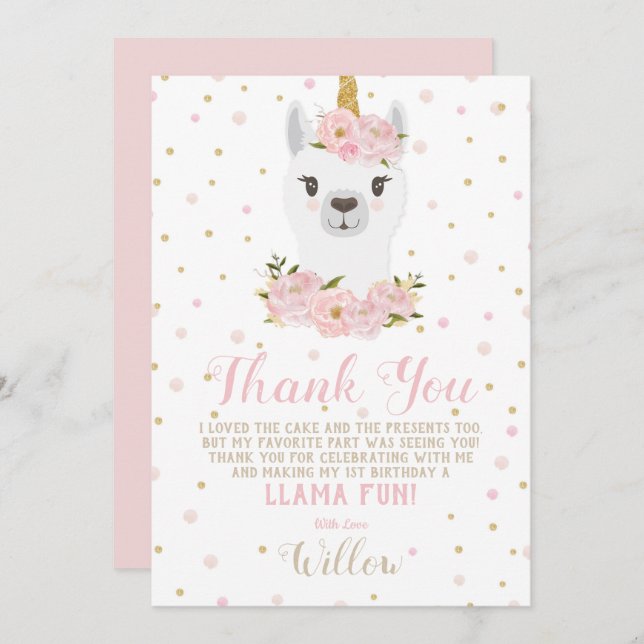 Tarjeta de agradecimiento de Llama Unicornio con f (Anverso / Reverso)