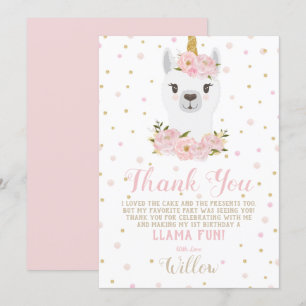 Tarjeta de agradecimiento de Llama Unicornio Flora
