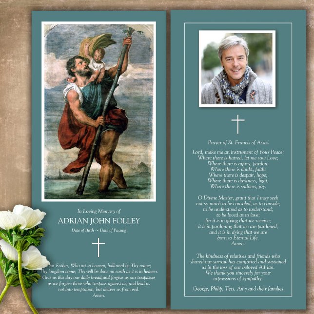 Tarjeta de agradecimiento de Memorial St Christoph (Catholic, Religious, Celebration of Life, In Loving Memory of, Forever in our hearts, funeral cards)