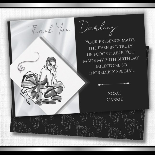 Tarjeta de agradecimiento de moda en blanco y negr (Modern black & white fashion sketch thank you cards for a 30th birthday gala.)