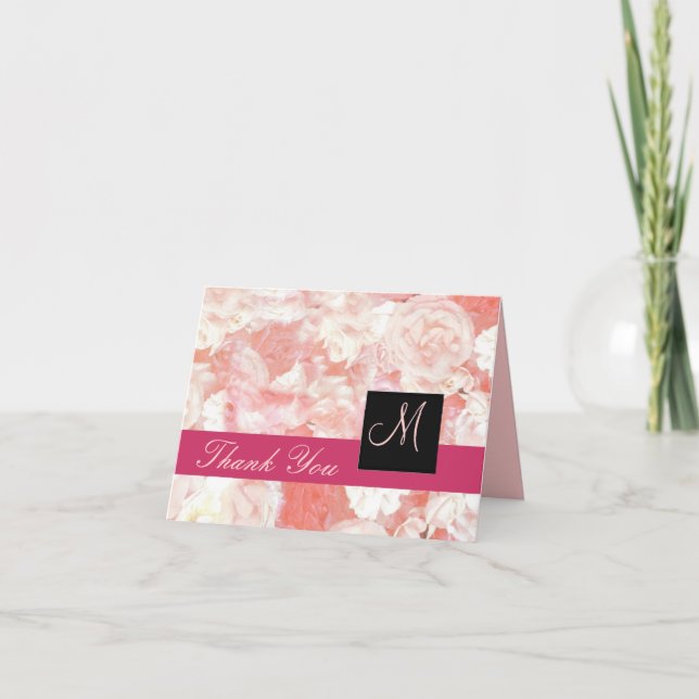 Tarjeta de agradecimiento de monograma de rosas ro (Anverso)