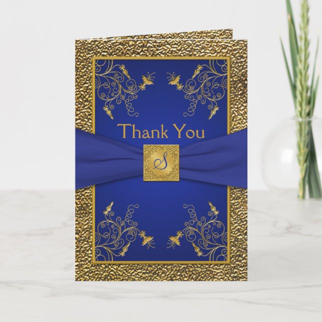 Tarjeta de agradecimiento de Monogramo Real Azul y (Anverso)