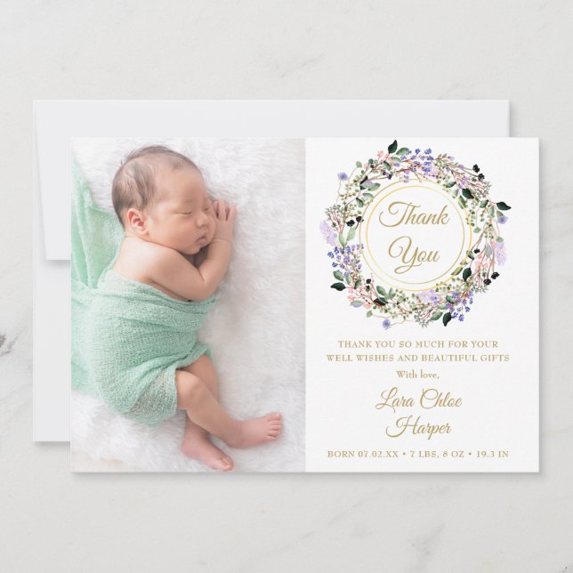 Tarjeta de agradecimiento de nacimiento Floral Bab (Anverso)
