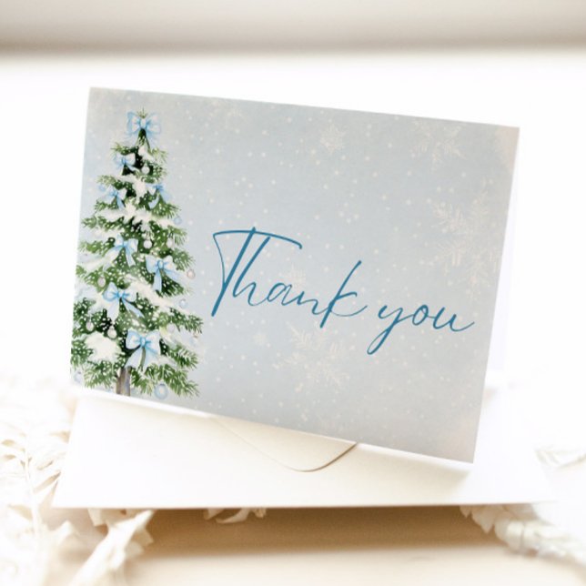 Tarjeta de agradecimiento de Navidad con árbol de  (Blue Bows Christmas Tree Winter Thank you card)